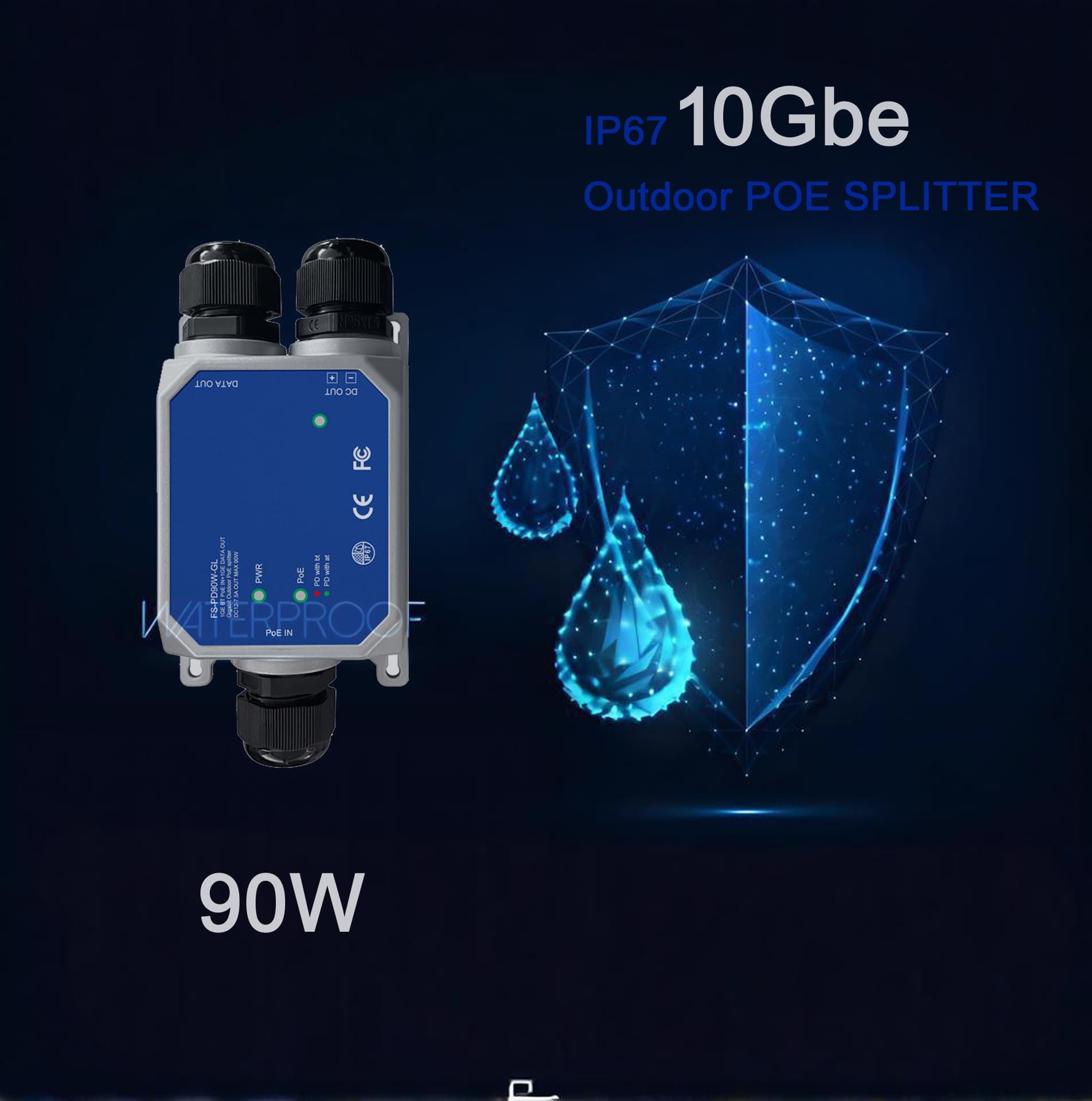 90W 2.5G/10G Outdoor POE Splitter, Isolation, 12Vdc, 6KV Surge Protection