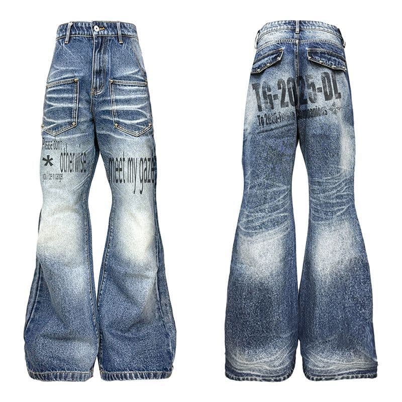Plus-size American retro niche printed jeans for chubby girls, perfect for autumn, with whiskered flared and studded details.