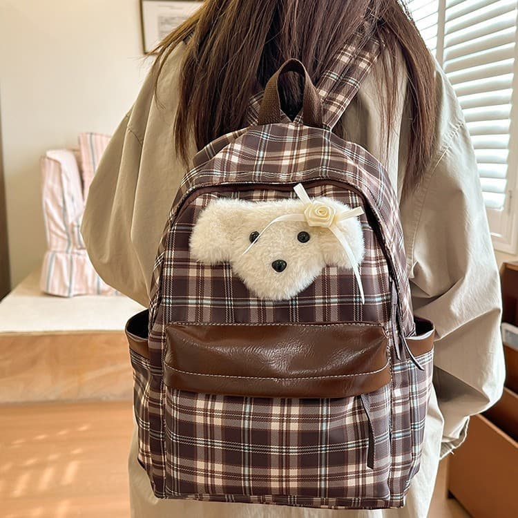 Grid Backpack for Women Vintage Middle School Student Large Capacity Schoolbag Cute Dog Casual Backpack
