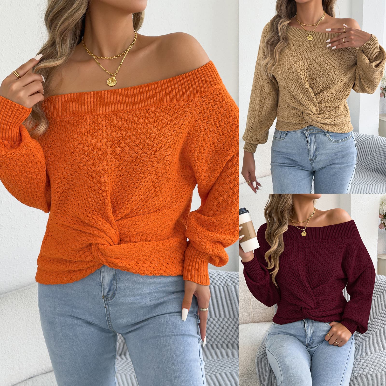 2026 Fall/Winter European and American Casual Solid Color Off-Shoulder Knot Long-Sleeve Sweater Amazon Cross-Border Women's Clothing