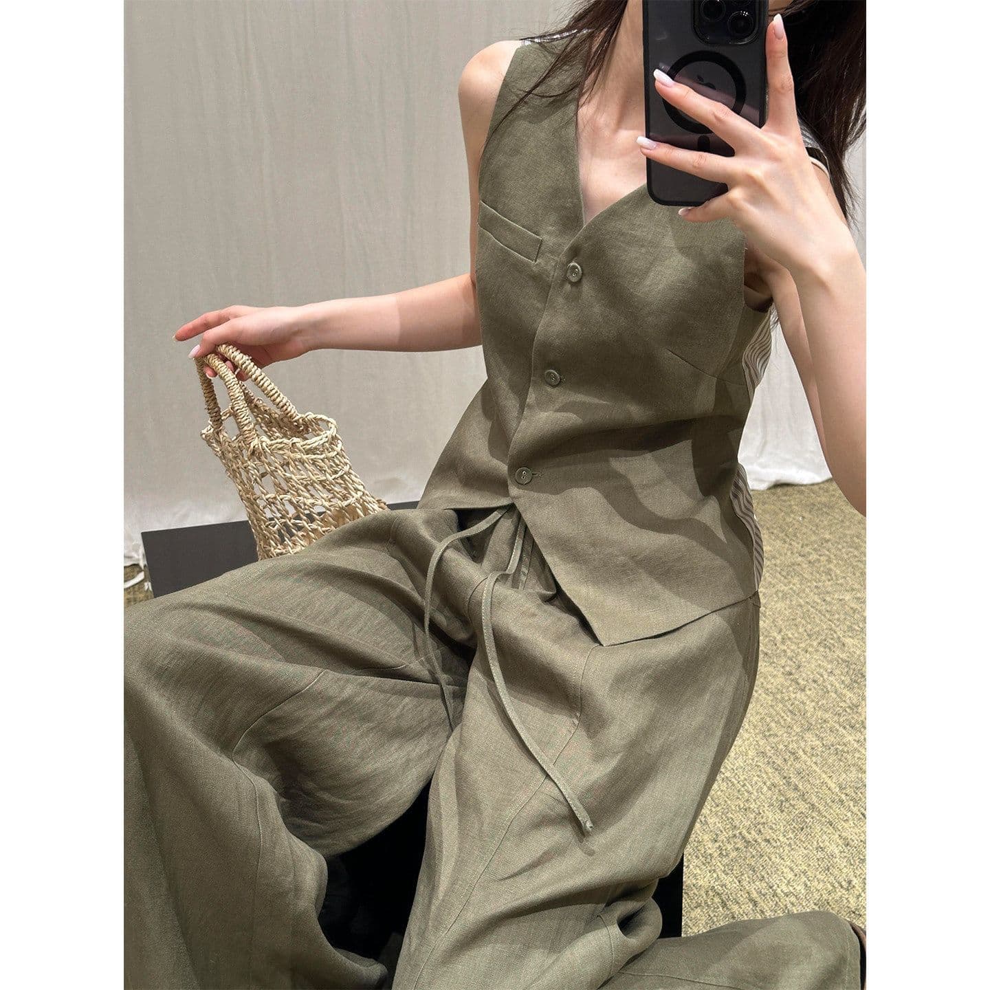 Old Money Style Vest Set Women 2026 Summer New Vintage High-End Green Sleeveless Vest Wide-Leg Pants Two-Piece Set