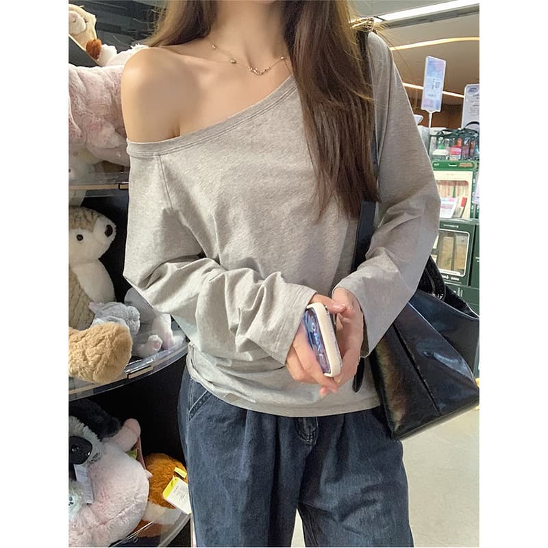 Pure Cotton Grey Shoulder Bared Long Sleeve Women's T-shirt Spring Autumn Loose One Shoulder Sexy Casual Top Comfortable Loose Fit