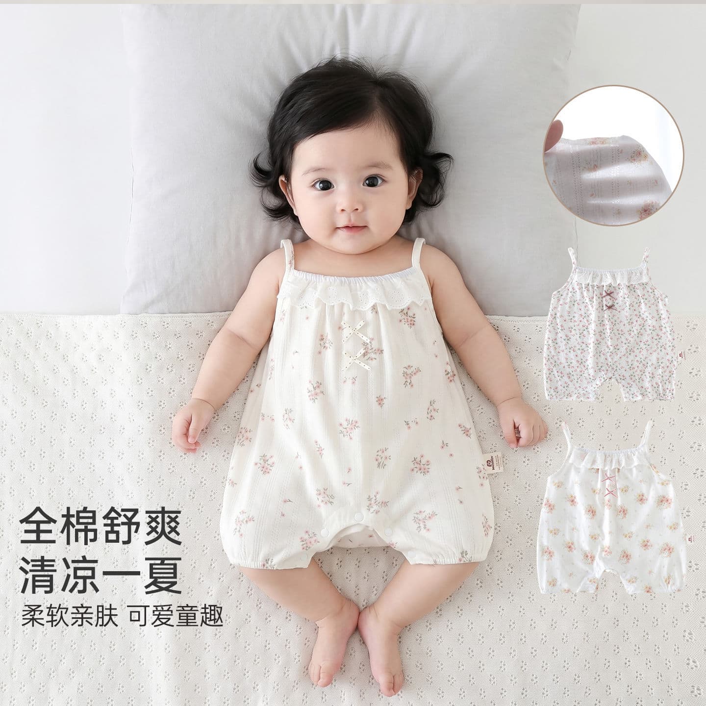 Baby Floral Print Strap Romper Summer Thin Hollow Out Bodysuit Soft Outdoor Crawling Suit for Girls Anyang Children's Clothing