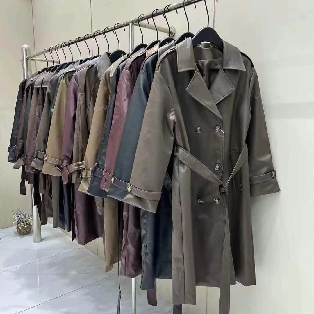 New Fall/Winter PU Leather Trench Coat for Women, Mid-Length Double-Breasted Waist-Cinching Slimming British Style Outerwear Coat, Wholesale Women's Apparel