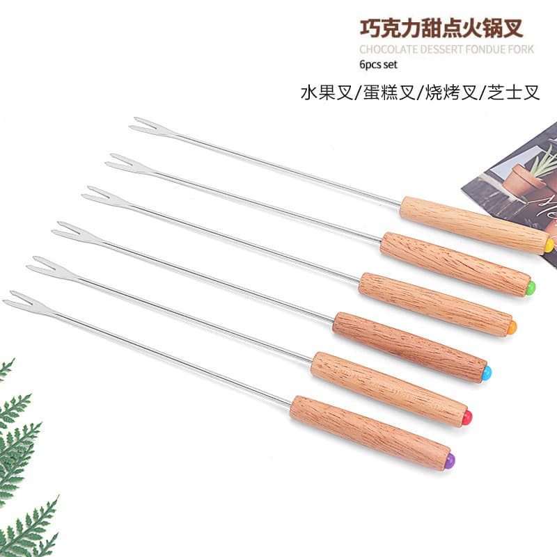 6-piece set with oak handles for fruit, cheese fondue, and barbecue; cheese chocolate fondue fork.