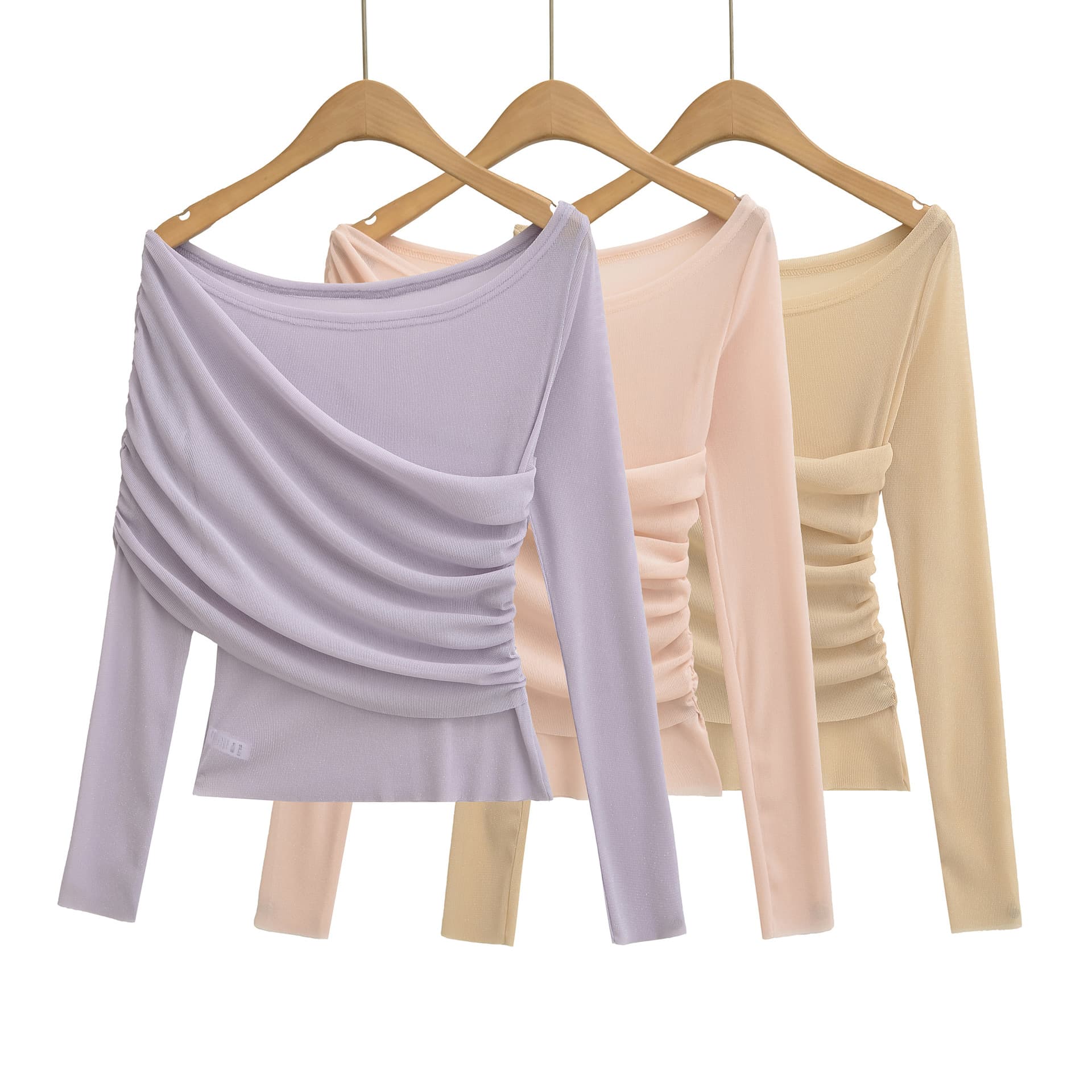 Ethereal Mesh Asymmetrical Neck Long Sleeve T-Shirt with Slanted Shoulder Design, Stylish Curve Top for Women