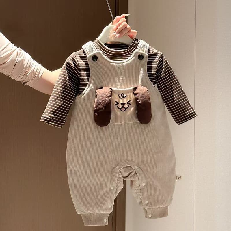 Children's suit winter thickened striped bottoming shirt baby boy's quilted velvet overalls cartoon autumn and winter two-piece set