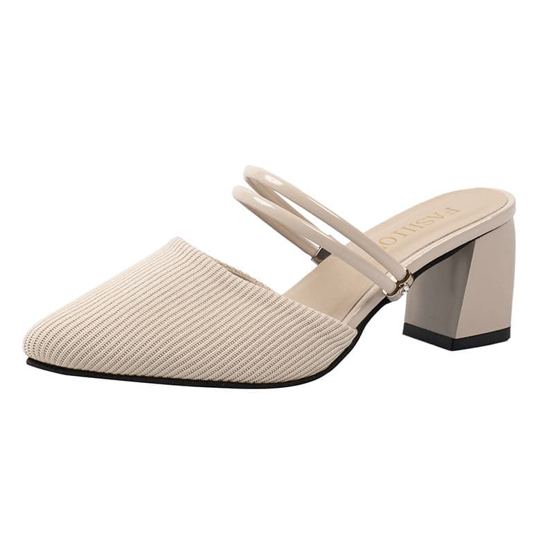 Pointed-Toe Mid-Heel Chunky Heel Slide Sandals for Women, New Summer Breathable Fabric Outdoor Slip-On