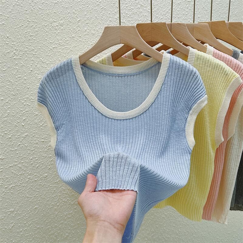 Knitted sweater for women summer 2026 new short-sleeved T-shirt round neck ice silk slim pit strip top 2026 summer hot style