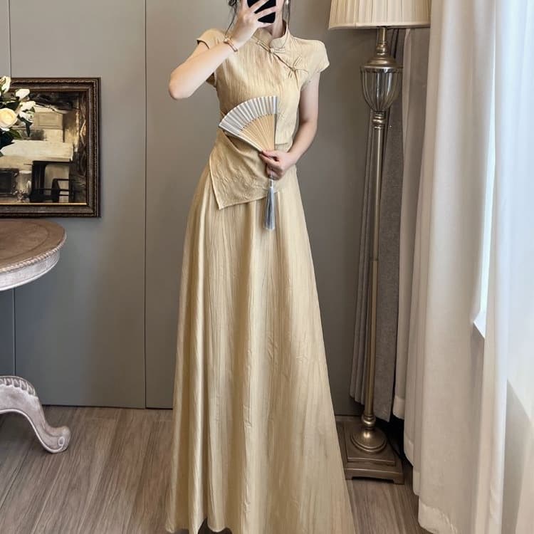 New Chinese style Zen-inspired two-piece suit for women, retro irregular short-sleeved high-waisted A-line midi skirt.