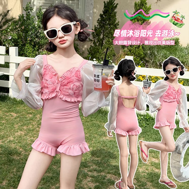Girls' Swimsuit Summer 2025 New Children's Long Sleeve Sun Protection Swimsuit, Big Girl One-Piece Princess Style Swimming Suit