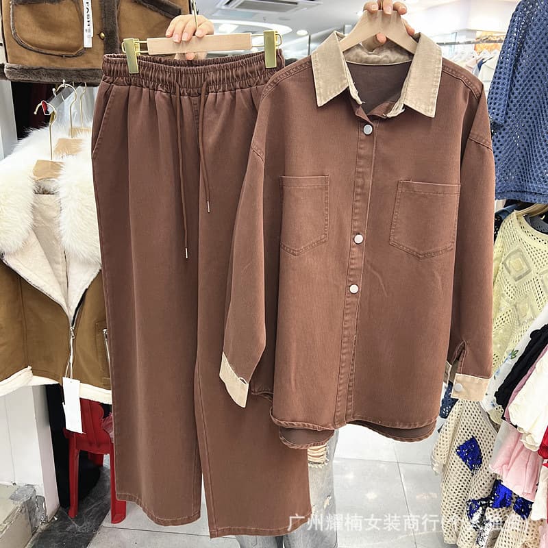 European and American style design spliced single-breasted loose long-sleeved denim shirt top + elastic waist wide-leg trousers set