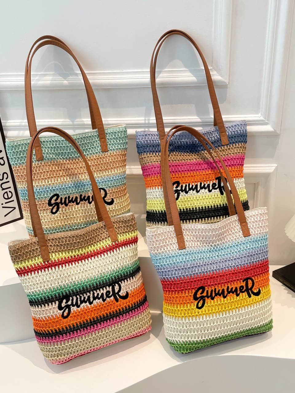New Fashion Woven Rainbow Stripe Women's Shoulder Bag Beach Vacation Contrast Color Straw Bag Large Capacity Tote Bag