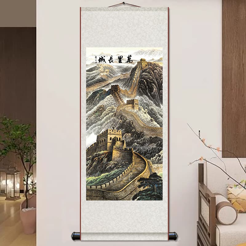 Traditional Chinese calligraphy painting "Ten Thousand Miles Great Wall" landscape decoration, central hall living room scroll hanging vertical axis feng shui backing mountain.