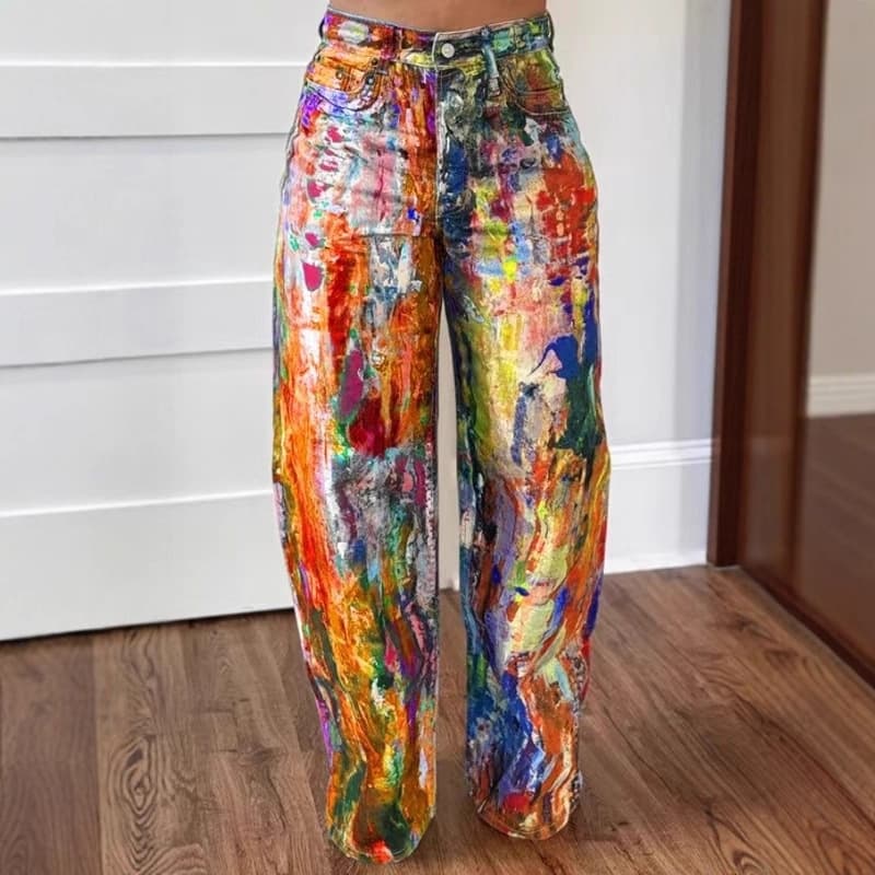 2025 new European and American niche American street retro graffiti oil painting wide-leg casual pants and jeans