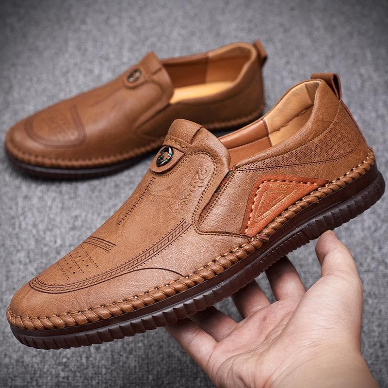 Men's Casual Breathable Leather Shoes, Non-Slip Men's Shoes, Cowhide Sole Wear-Resistant Soft Sole Loafers with Stitching, Middle-Aged Shoes
