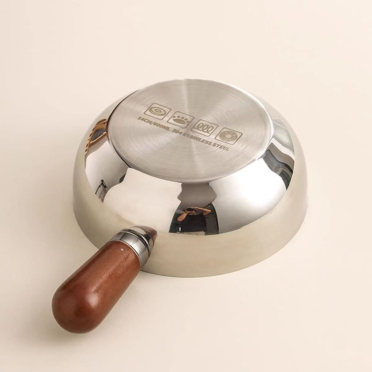 Stainless Steel Instant Noodle Pot for One Person, High-Aesthetic Peach Wood Snack Pot, Small Cooking Pot, Baby Complementary Food and Milk Pot