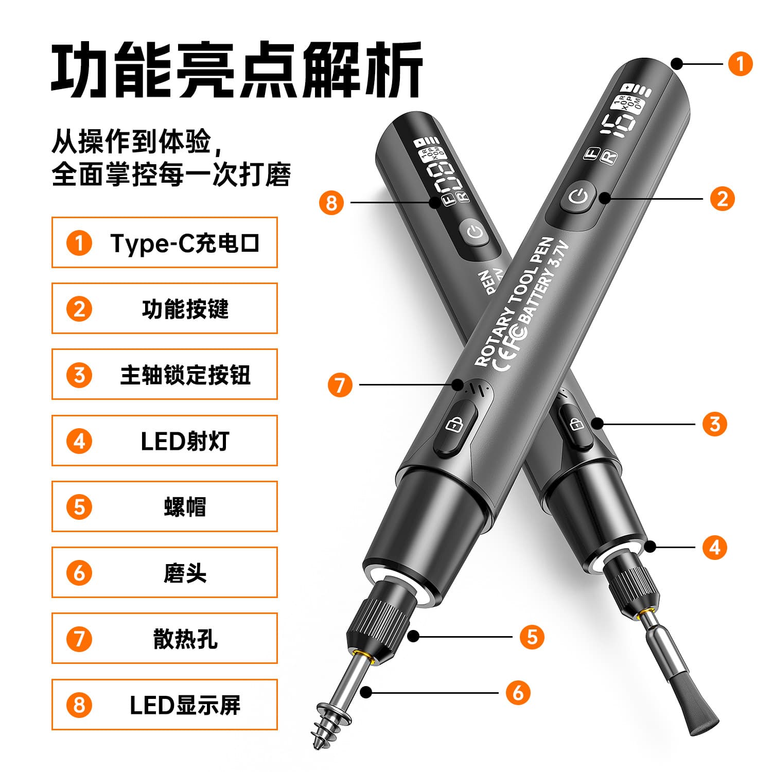 Electric Grinding Pen Digital Display Rotary Kit, Household Handheld Mini with Light, Engraving Polishing Drilling DIY Tool