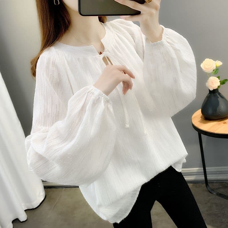 Women's new style loose tops 2026 chiffon shirts with lace-up flesh-covering pullovers spring thin outer wear large size summer