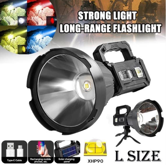 Cross-border new P90 solar-powered portable flashlight with side charging, red/blue warning filters, and powerful searchlight