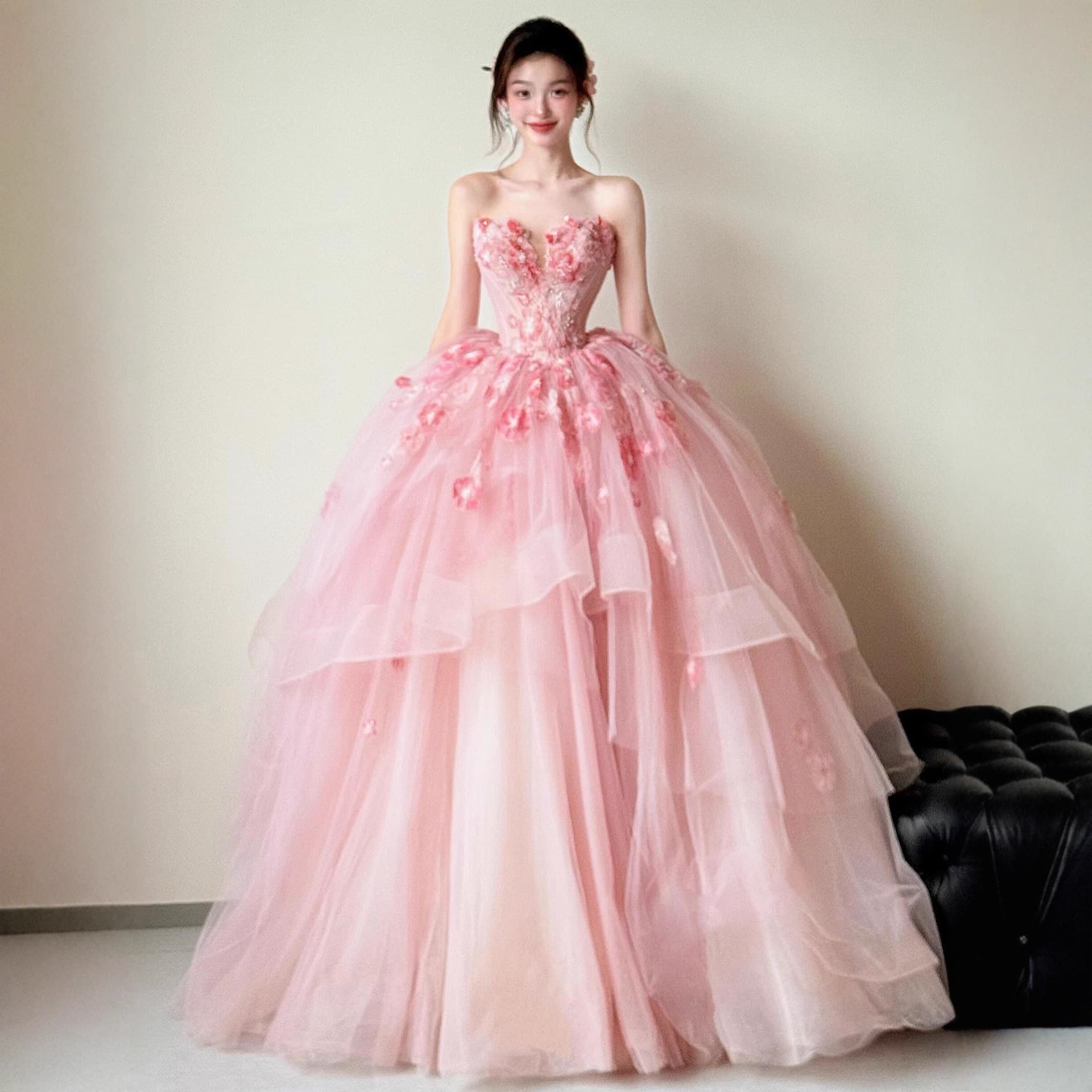 Strapless Evening Dress for Women with Floral Pattern, Pink, French Style, for Banquet, Birthday Party, Bride, Engagement, Wedding, and Toasting Gown