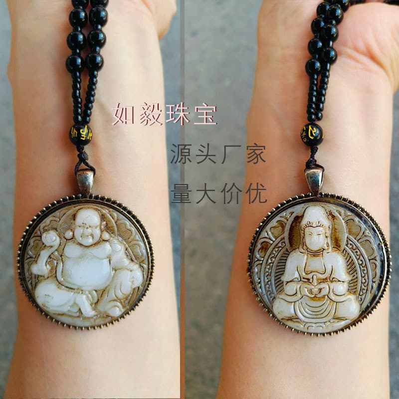 Wholesale Antique-style Jade-like Inlaid Laughing Buddha and Guanyin Pendants, Live Stream Supply for Necklaces