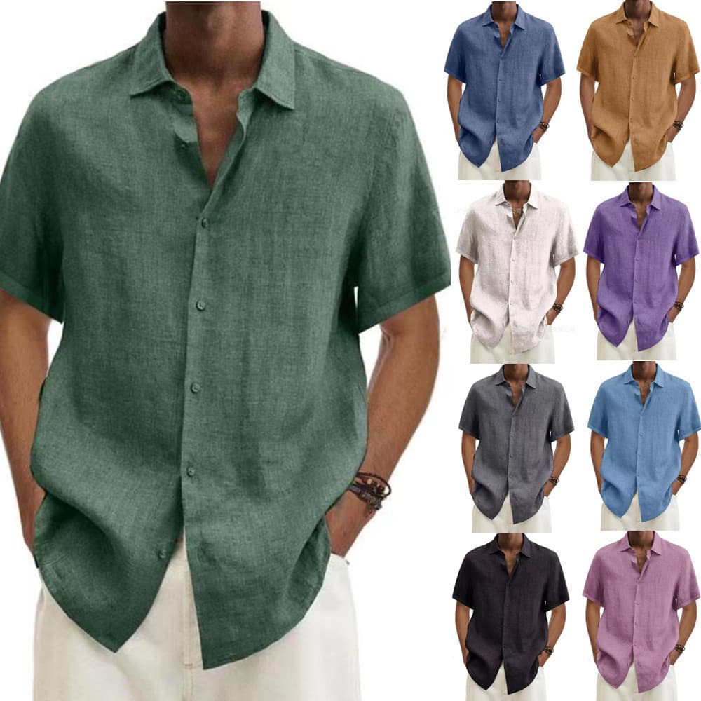 Cross-border 2024 AliExpress Wish Amazon Summer V-Neck Button Cotton Linen Solid Men's Shirt