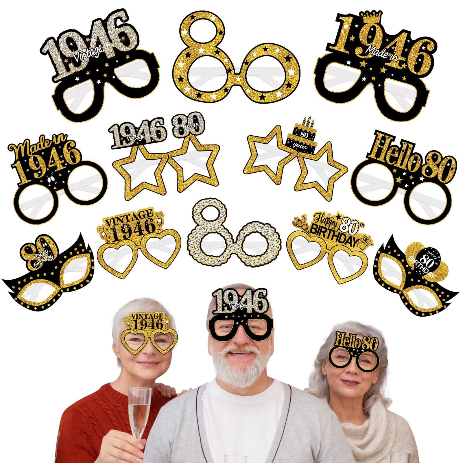 1946 Vintage Black Gold Glitter 80th Birthday Glasses, Born in 1946 Photo Booth Props