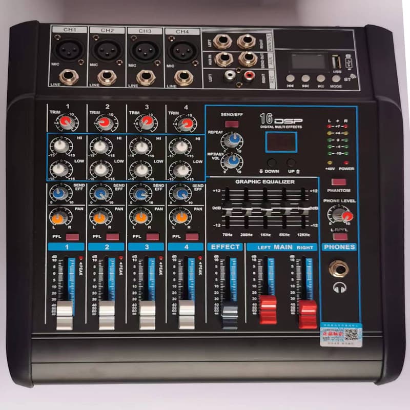Factory direct USB with Bluetooth 16 kinds of dsp performance wedding mixer 4-way mixer with power amplifier all-in-one machine