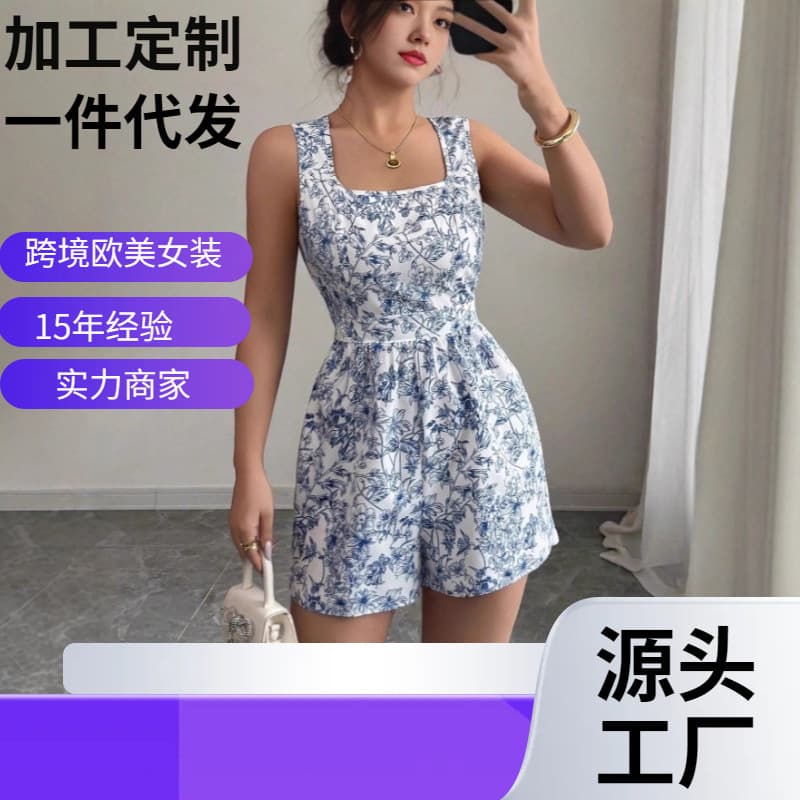 New Cross-Border Spring/Summer Tie-Dye Floral Print Shorts Square Neck High-Waist Jumpsuit Backless Dress
