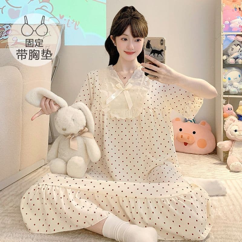 Cloud Cotton Nightgown for Women, Summer Short-Sleeved Pajamas with Breast Pads, Sweet Princess Style, Thin Polka Dot Style, Plus Size Homewear