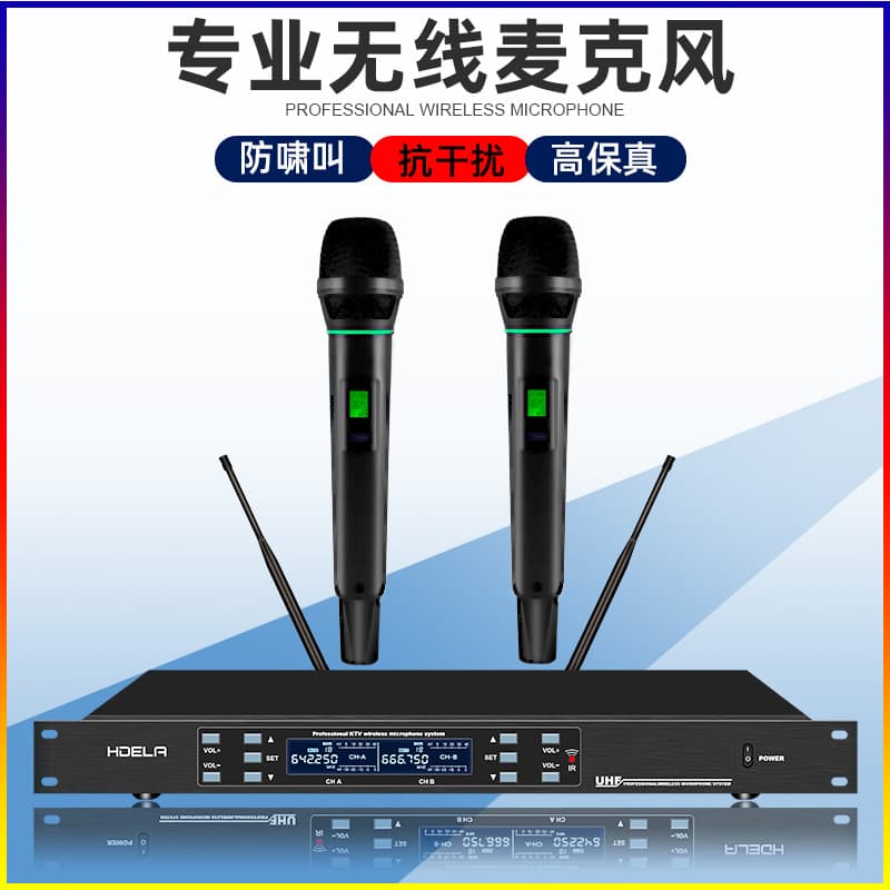 UHF Professional Wireless Microphone Set with Two Handheld Mics, KTV Home Stage Wireless Microphone for Singing Karaoke