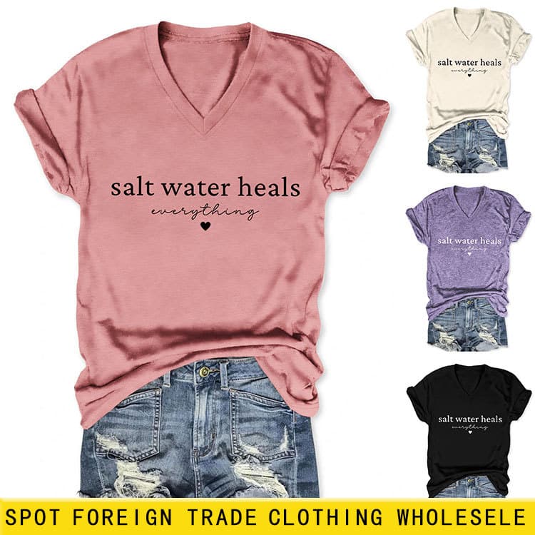 Salt Water Heals Amazon eBay Independent Station Casual Comfortable Women's V-Neck Short Sleeve T-Shirt Base Layer