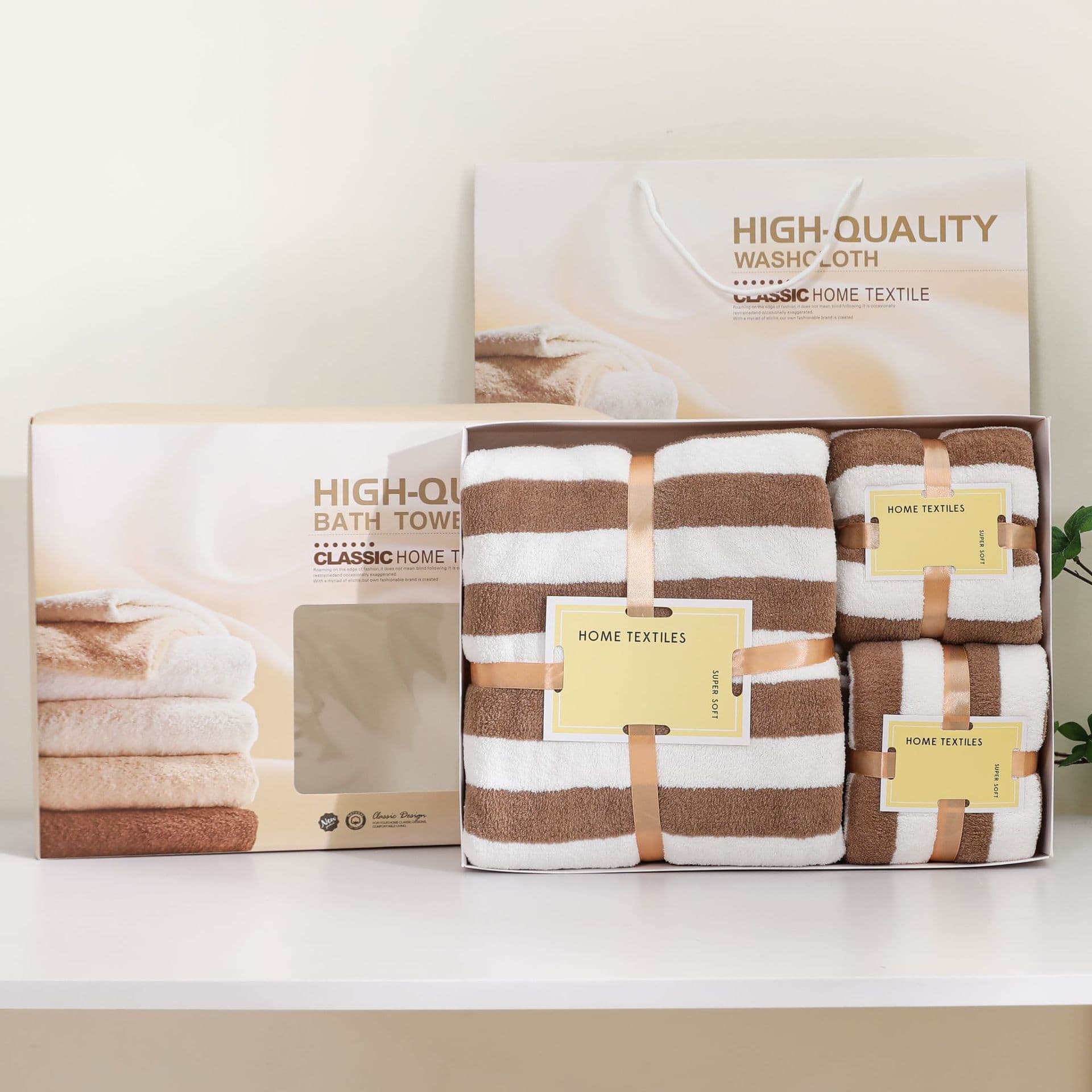 Coral Fleece Towel and Bath Towel Two-Piece Set, Wide Stripe with Card Set, Gift Towel and Bath Towel in Gift Box