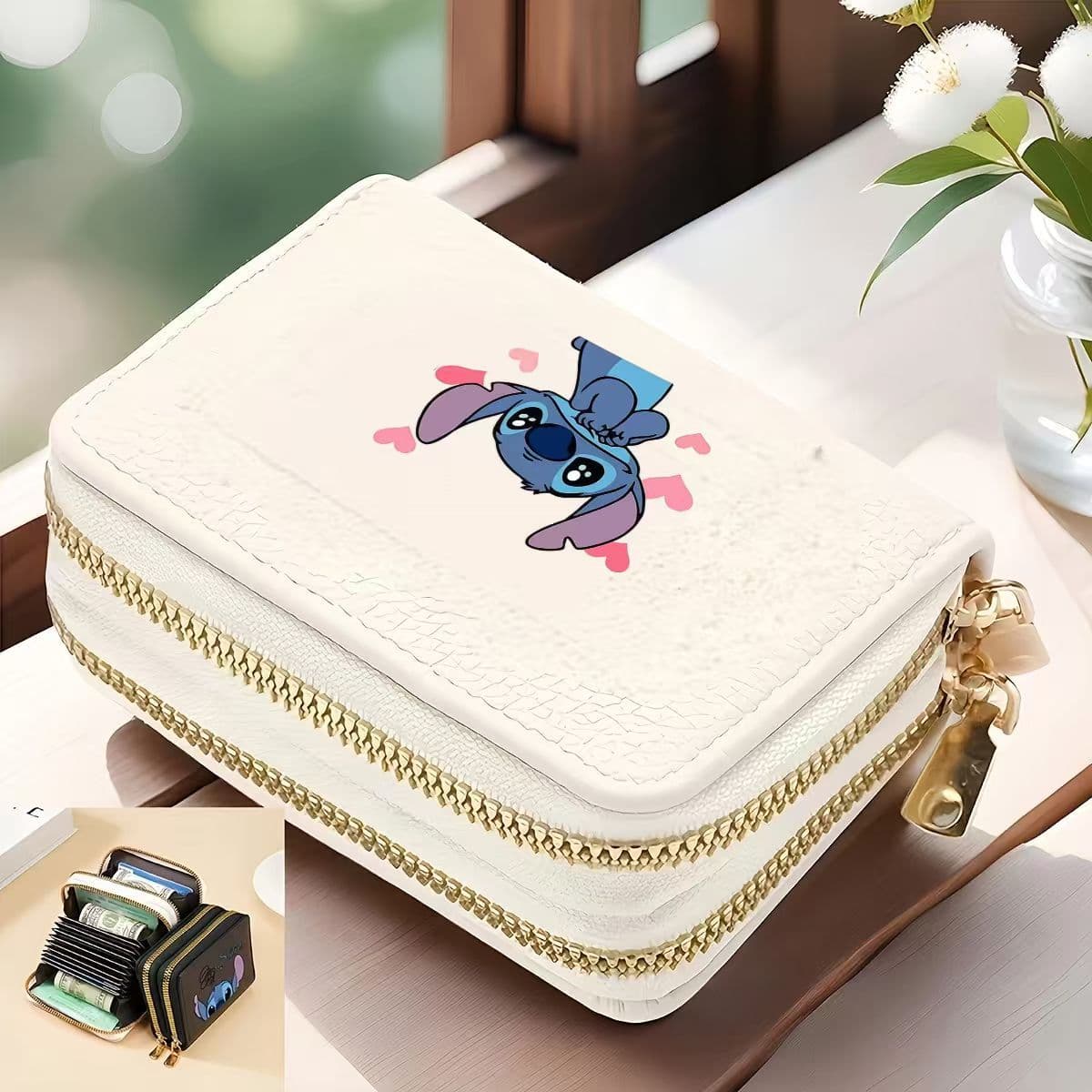 Cute Stitch love printed card holder leather zipper coin purse multi-card slot portable ID storage bag