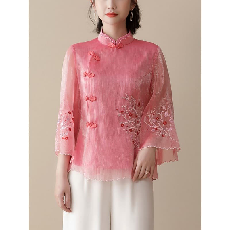 Elegant Loose Women's Qipao Top Chinese Style National Retro Spring Summer Fashionable Embroidered Button Seven Sleeve Shirt