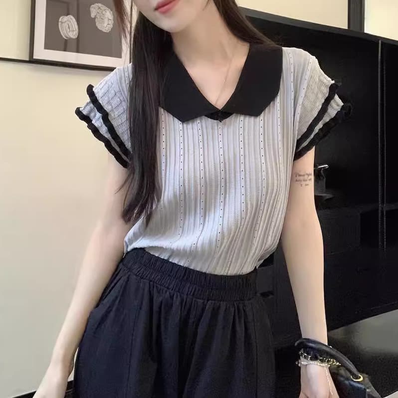 French-style ruffled short-sleeve knit top for women, new summer vintage design, chic thin cropped blouse