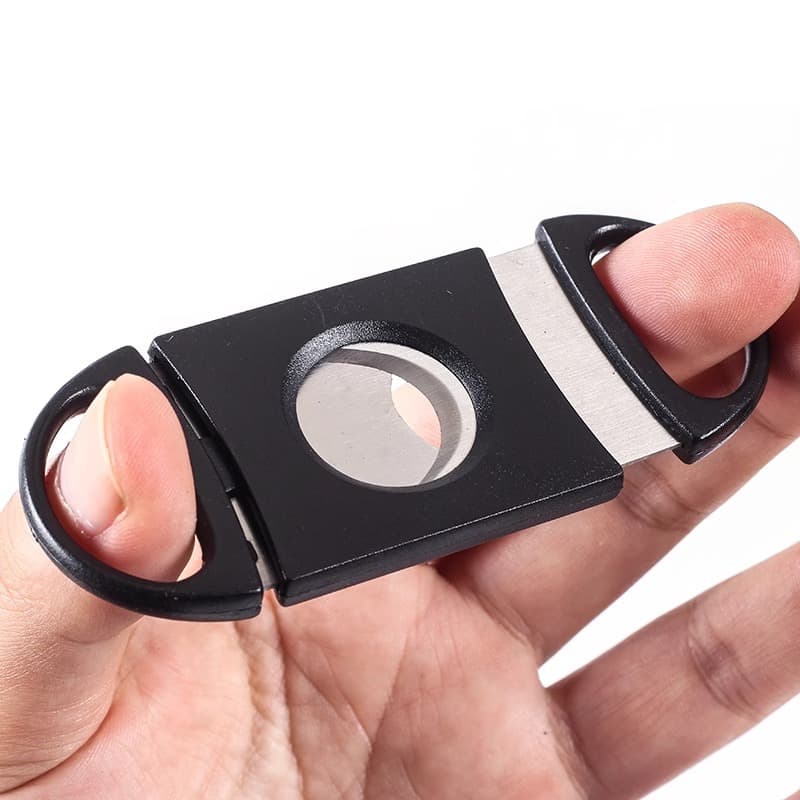 Stainless steel cigar cutter with plastic handle, portable cigar cutter, smoking accessory manufacturer.