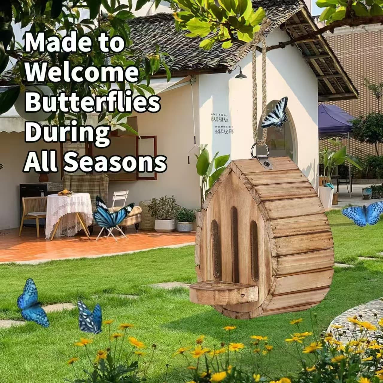 Cross-border Wooden Butterfly House Feeder Outdoor Garden Habitat Butterfly House Puddle Floor Hanging Tree Butterfly House