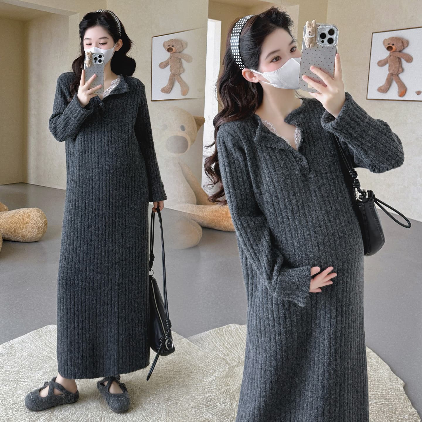 Maternity Dress 2025 Fall/Winter New Fashion Thickened Warm Mid-Length Lace Patchwork Knit Dress