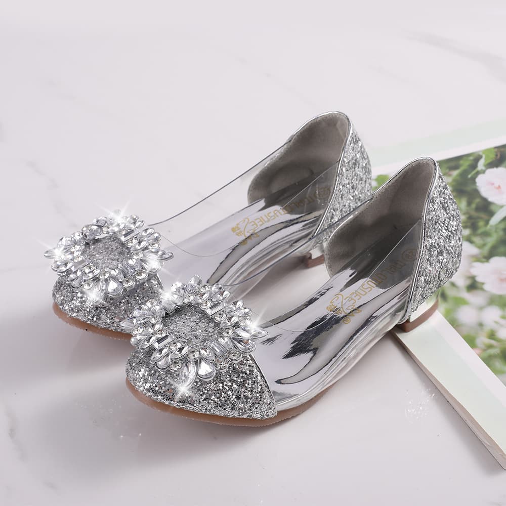 New Little Heel Crystal Rhinestone Girls Shoes Medium Large Children Dress Princess Shoes Girl Flower Shoes