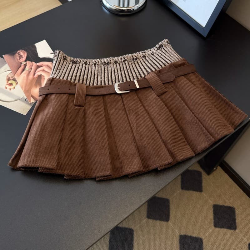 2025 Autumn New Pleated Skirt, American Retro Knit Patchwork Mini Skirt, High Waist Slimming Pleated Skirt
