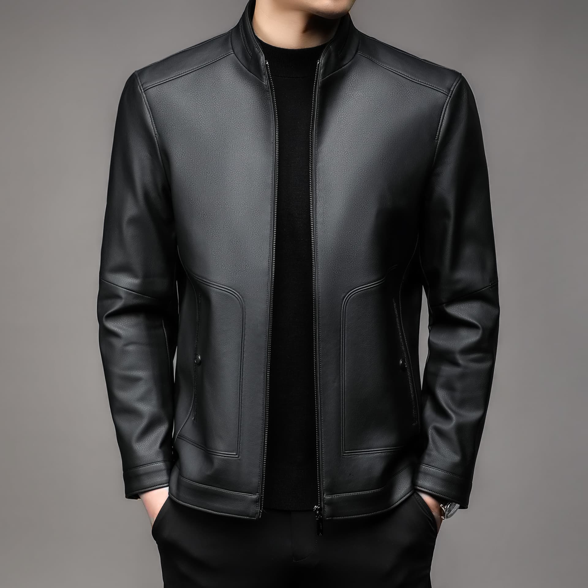 Men's stand-up collar leather jacket, suitable for middle-aged fathers, new autumn and winter style, men's business casual fleece-lined leather coat.