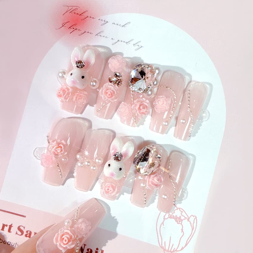 Clear and Transparent Gentle Fairy Spirit Girl Rabbit Nail Patch Fake Nail Patch Wearable Nail Piece Finished Product Removable U28