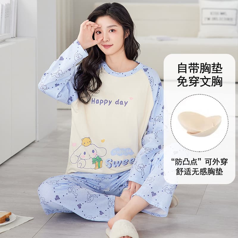 Women's Autumn Sleepwear with Built-in Pads, 2024 New Long-Sleeve Cartoon Thin Loungewear Set, Fall/Winter Wearable Outside