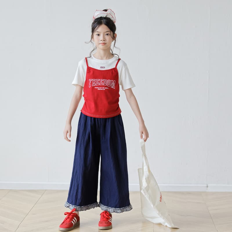 Girls' Versatile Summer Color-Block Outfit: Fake Two-Piece Short Sleeve T-Shirt and Wide Leg Pants Set