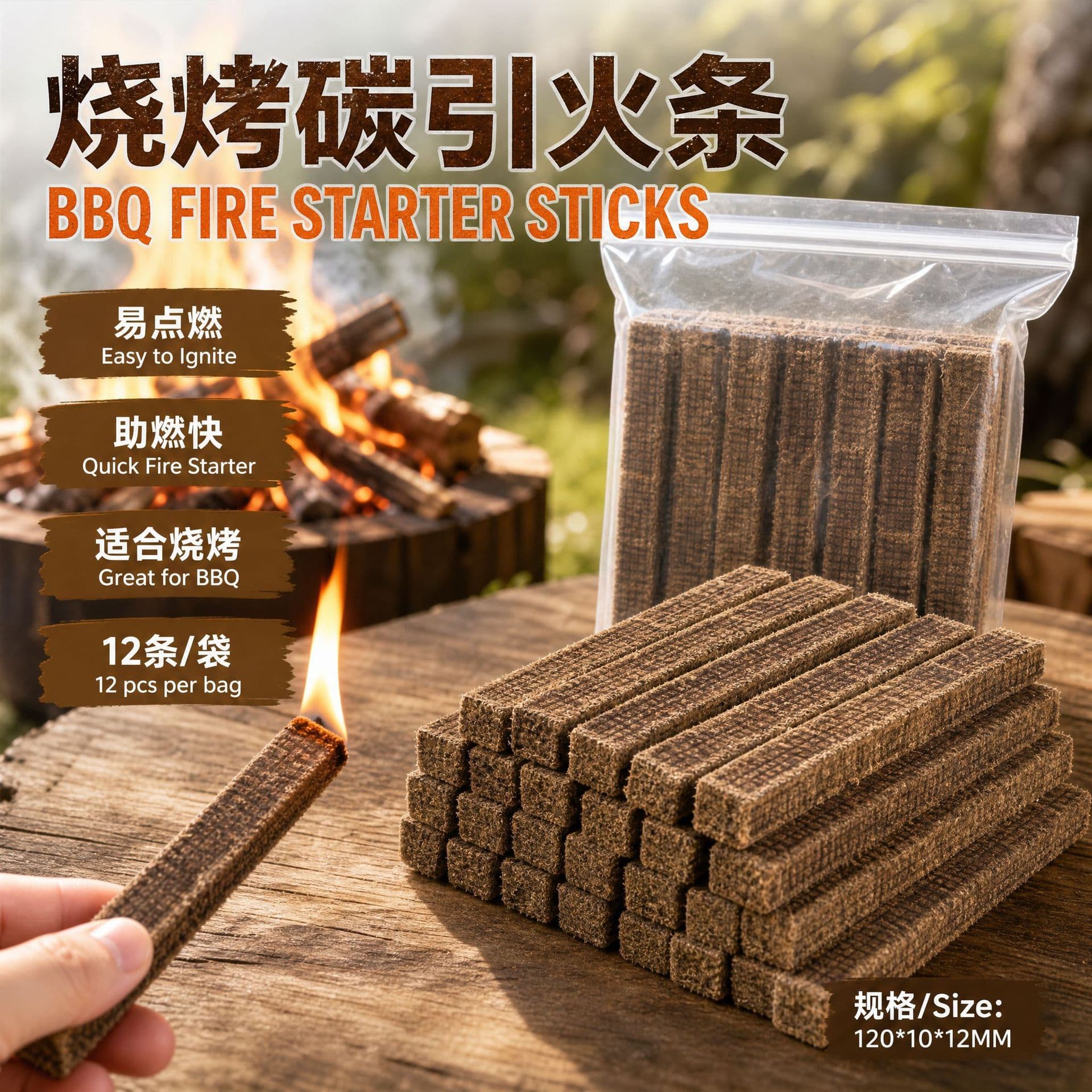 BBQ Charcoal Fire Starter Sticks 12/Pack Fiberboard Ignition Blocks Wax Wood Sticks Charcoal Factory Supply Customizable Carbon Sticks Fruitwood Charcoal