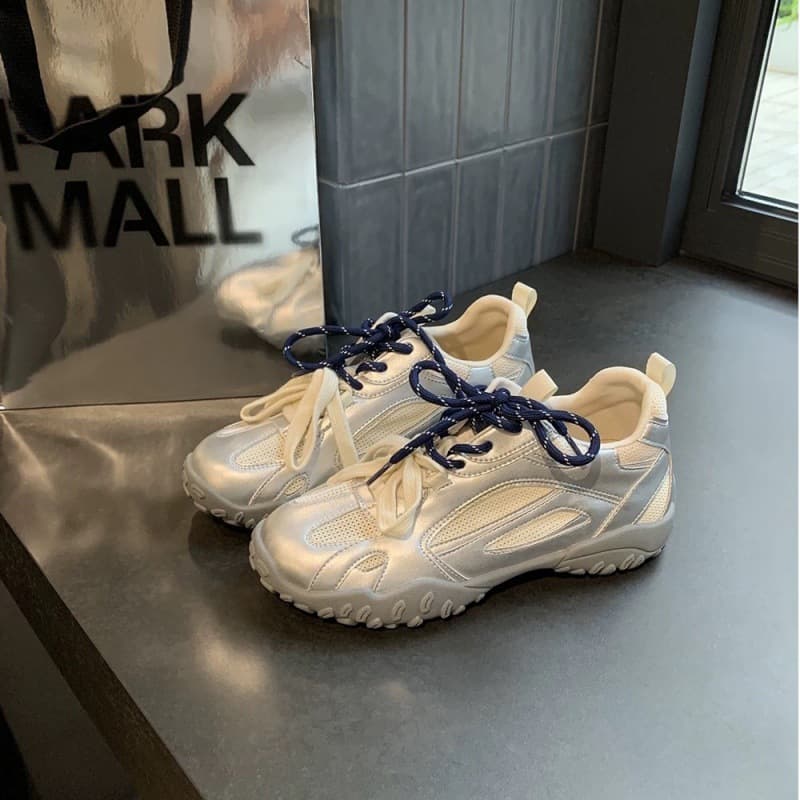7cm Inner Height Increase Classic Skateboard Shoes Round Toe Dad Shoes Women Fashion Aglet Shoes Spring Summer Silver German Training Shoes Women
