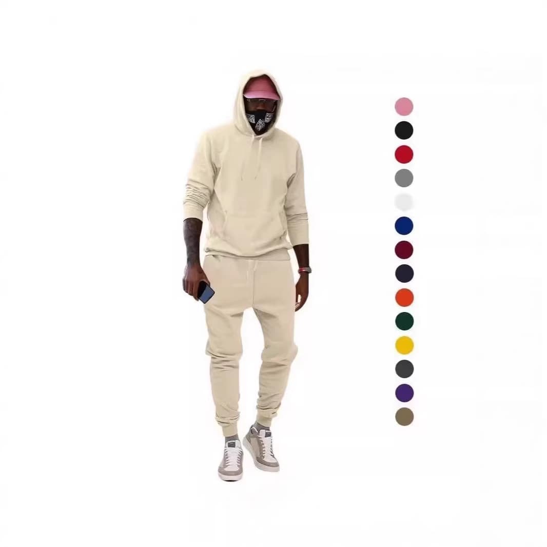 Cross-Border European Size Hooded Velvet Sweatshirt Suit European and American Sports Casual Pure Color Two-Piece Men's Loose Sportswear