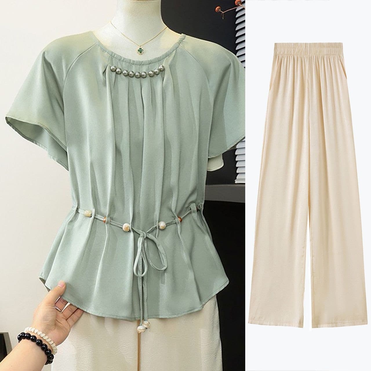 2026 New Stylish Short-Sleeve Crop Top Two-Piece Set, Mother's Summer Casual Thin Chiffon Top Set